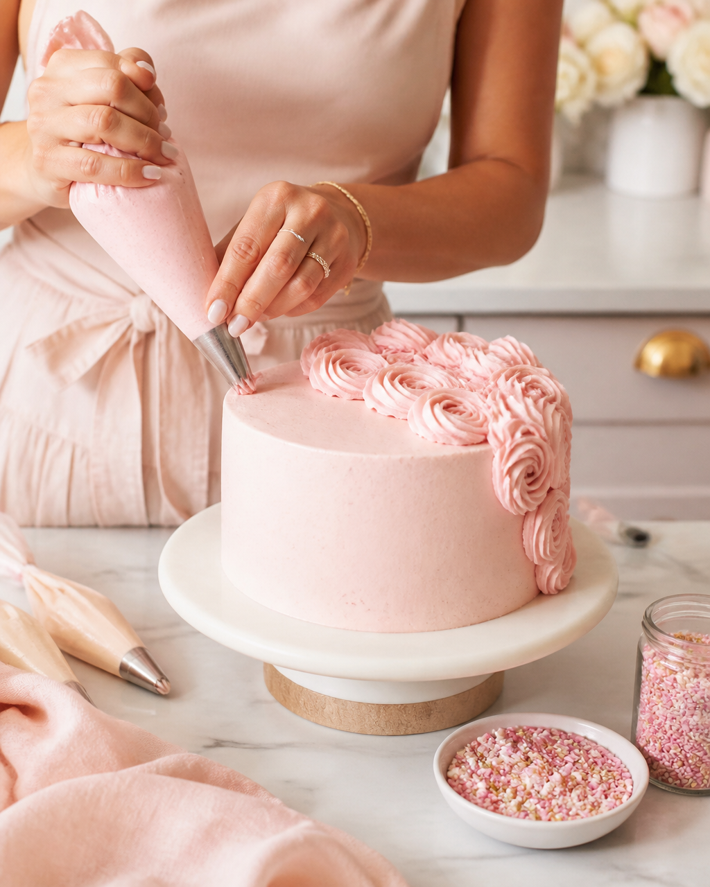 Baker piping buttercream onto a blush cake in a bright kitchen