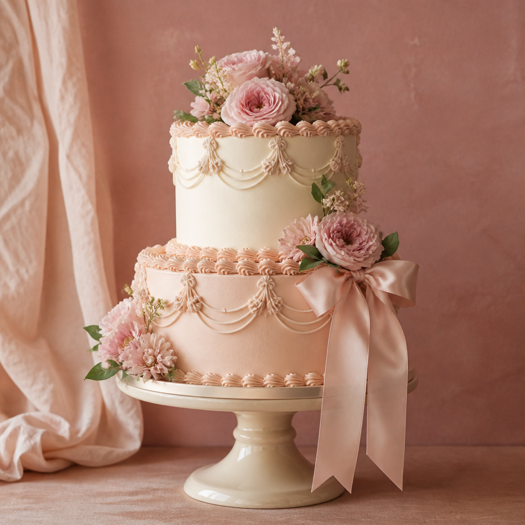 Two tier floral custom celebration cake on a cream stand