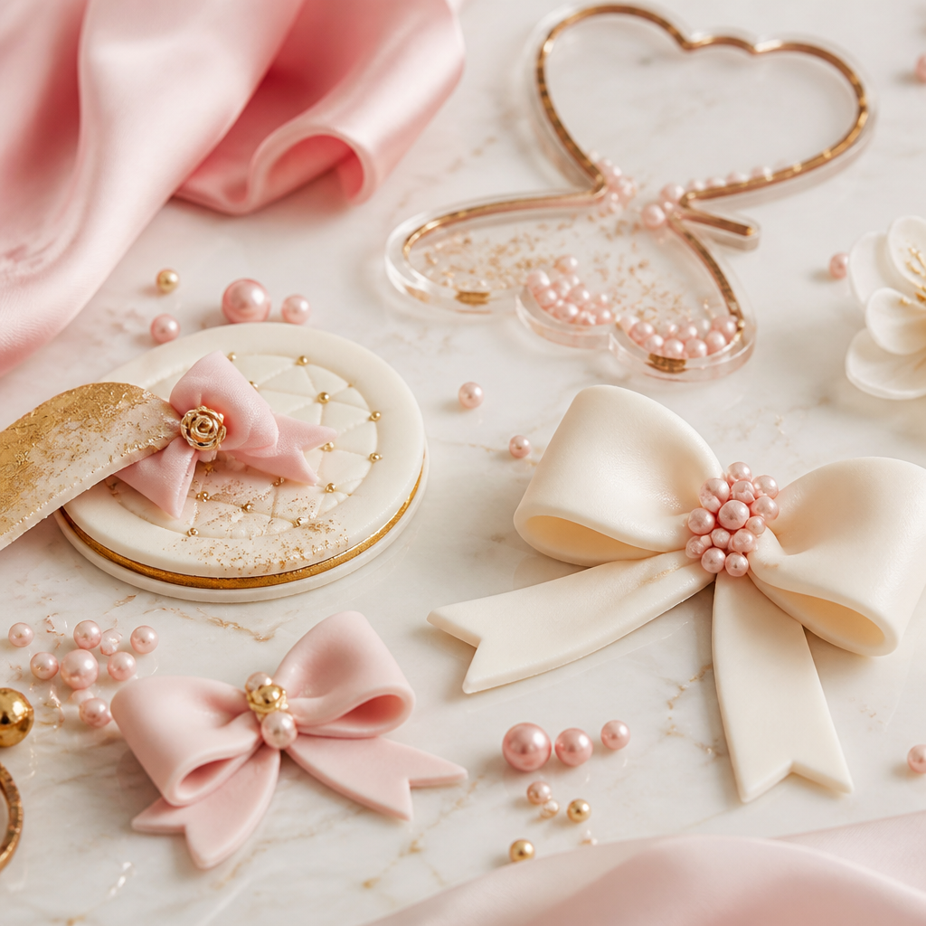 Fondant bows and custom cake toppers close up