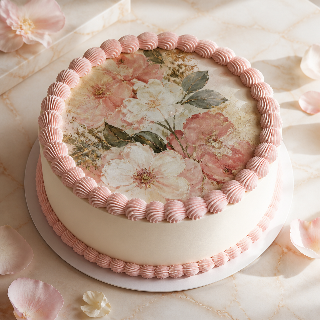 Cake with a printed edible floral image panel