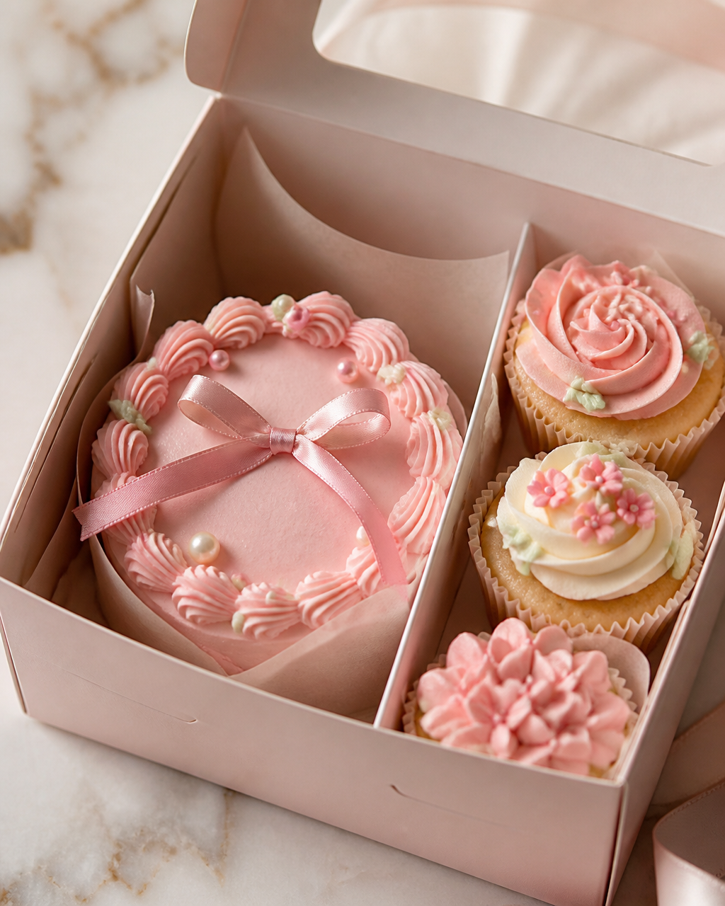 Petite bento box cake presented in a gift box