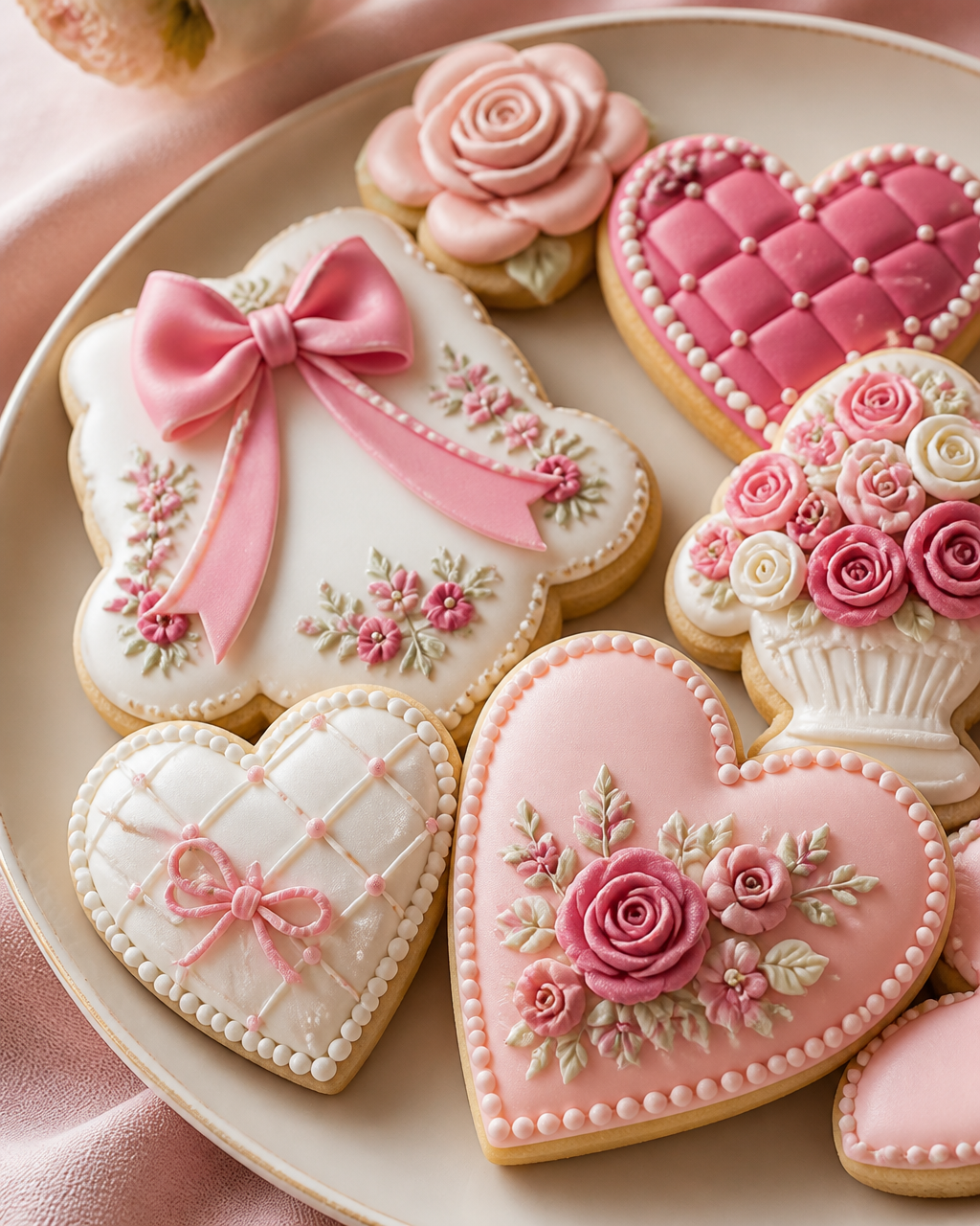 Decorated sugar cookies on a blush surface