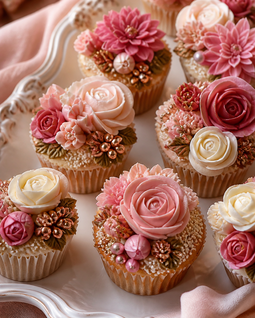 Floral piped cupcakes arranged like a bouquet