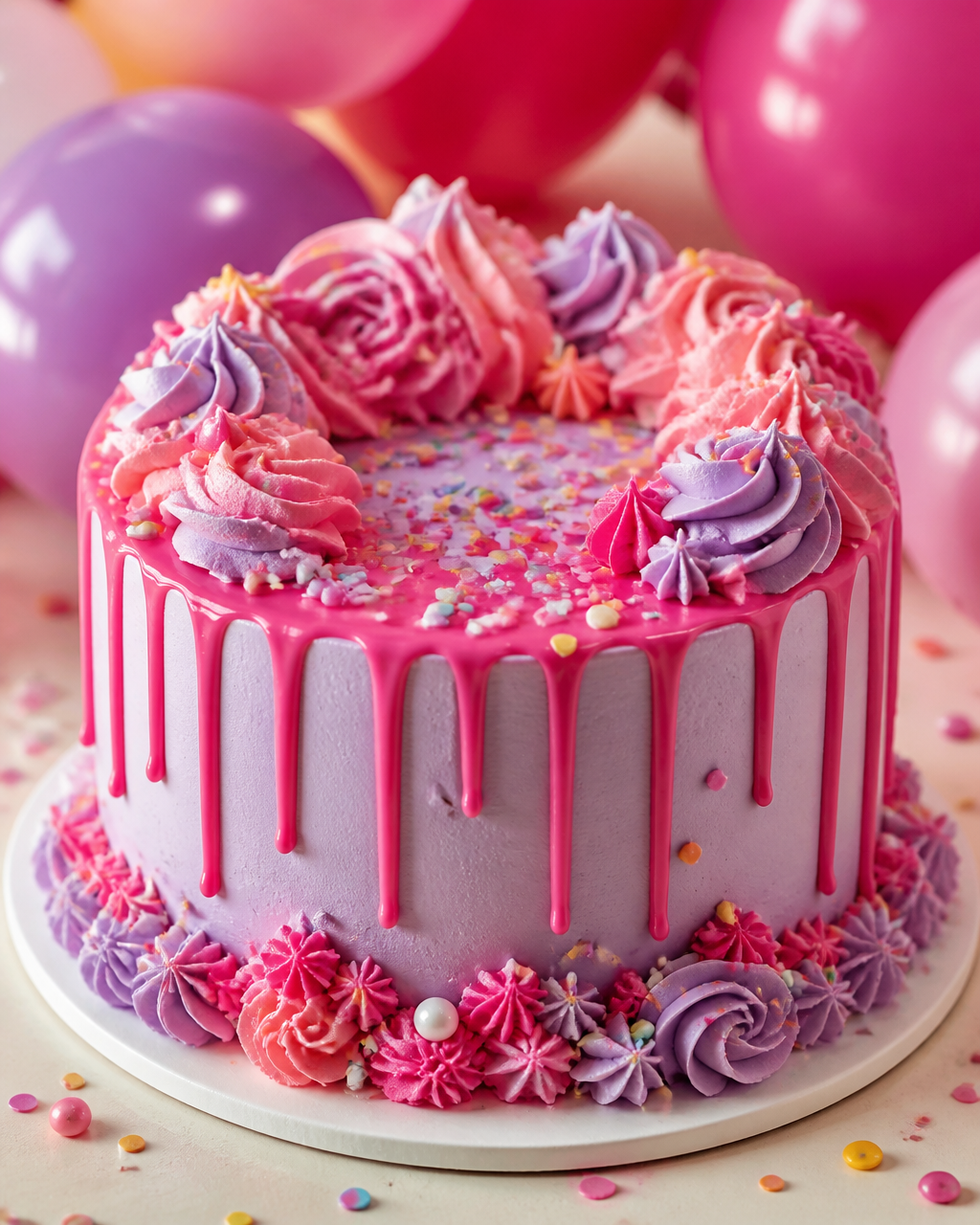 Colorful themed cake with playful swirls and confetti