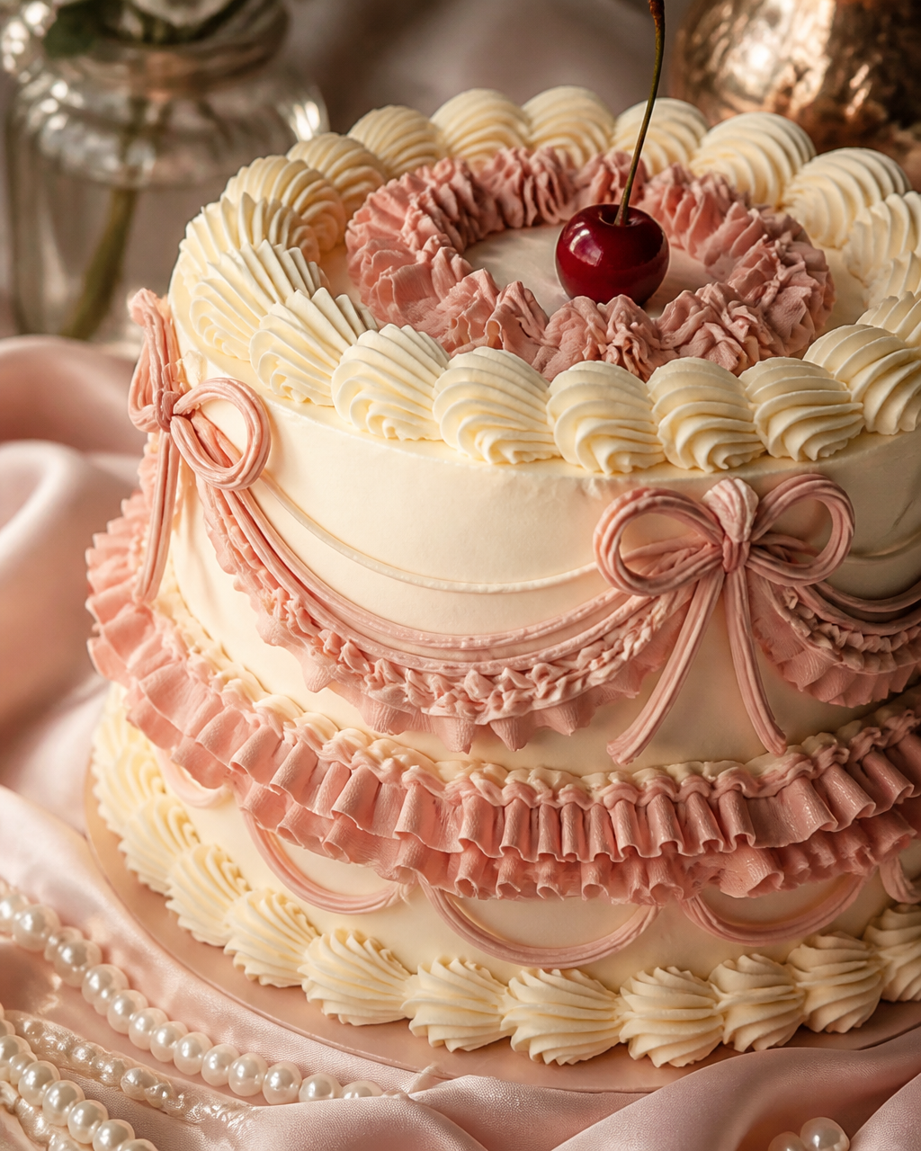 Vintage inspired cake with ruffled piping and a piped bow